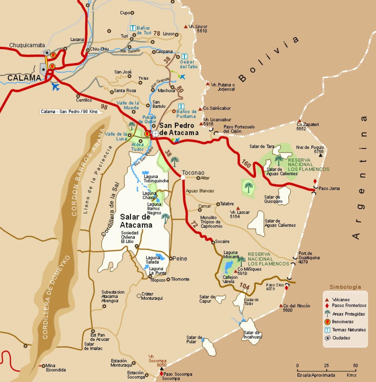 Kort af atacama i Chile