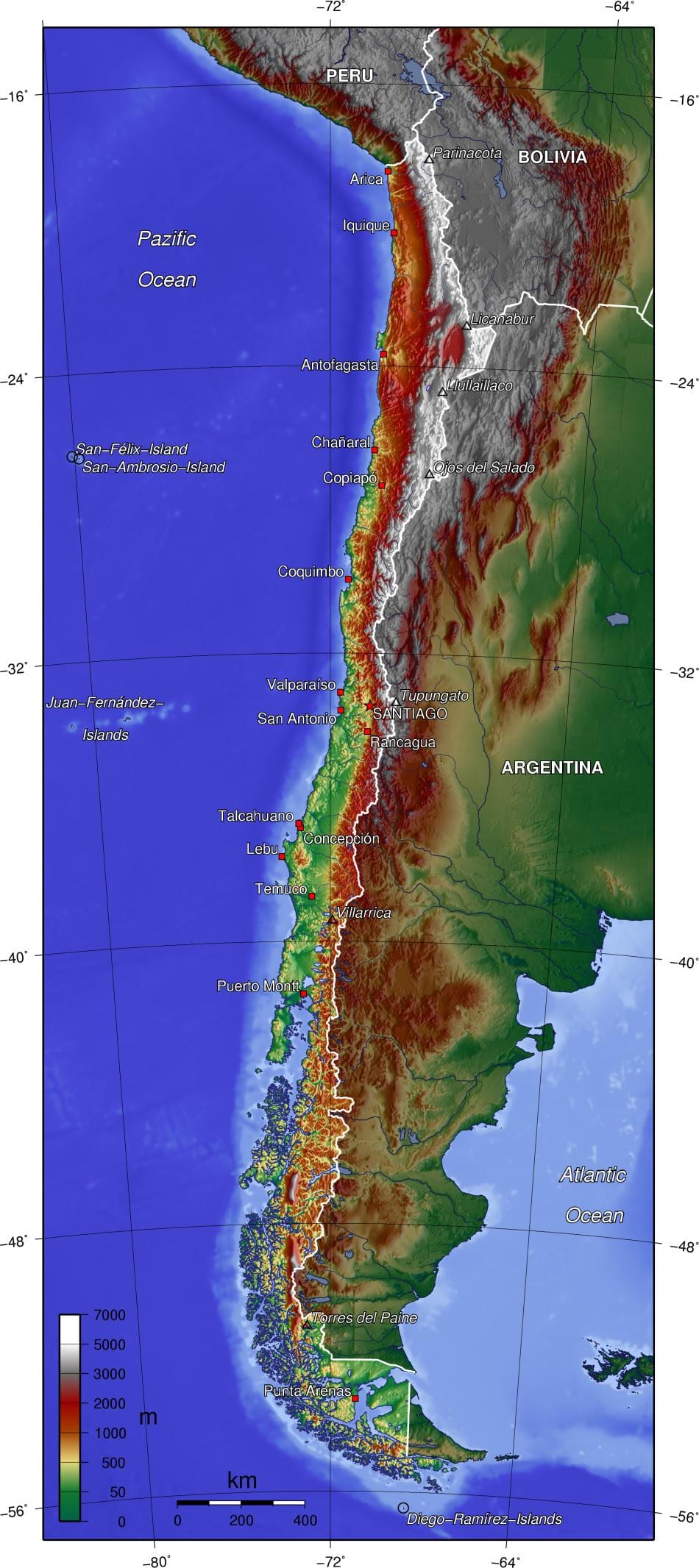 bjergene i Chile-kort