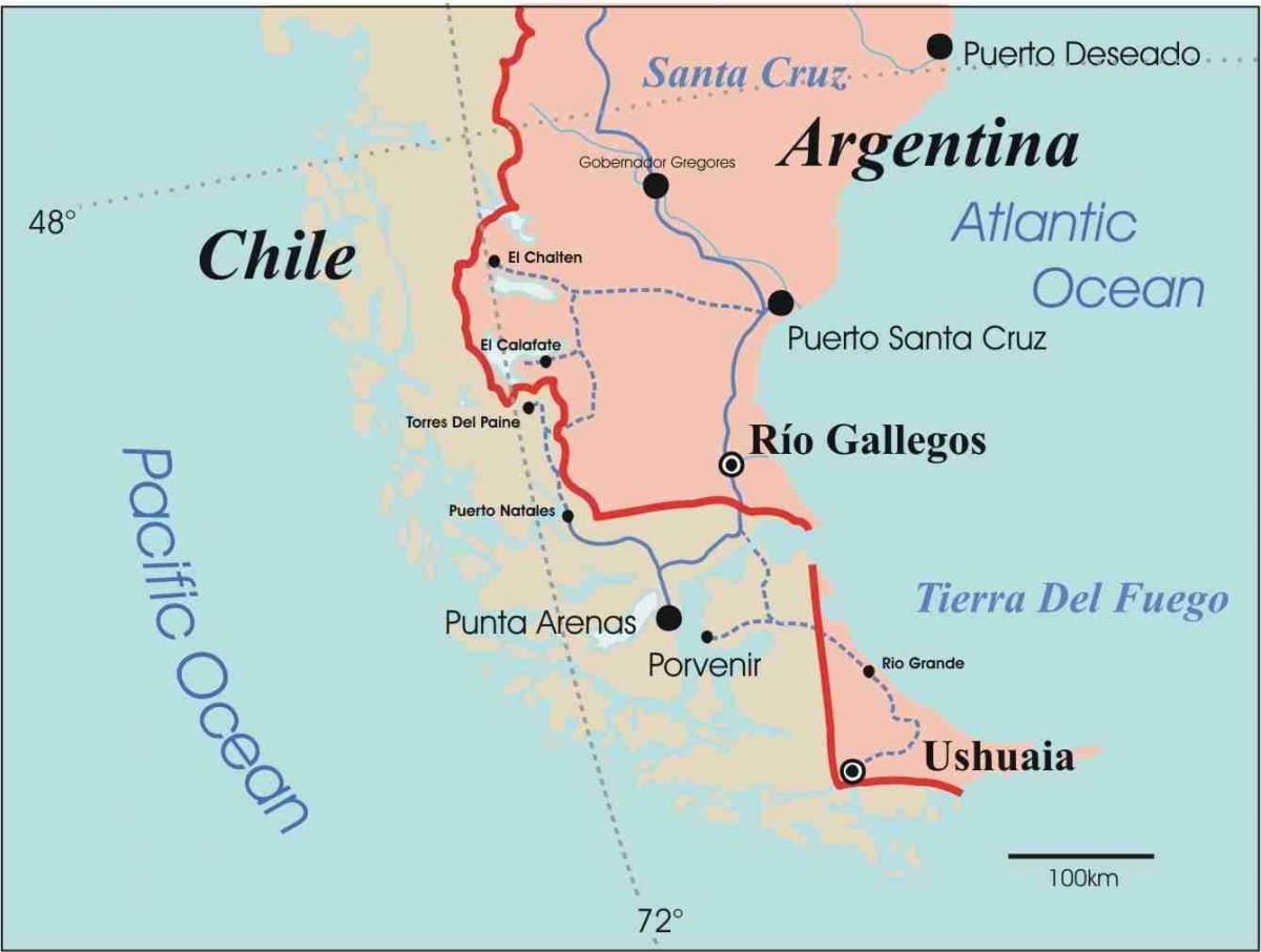 Kort over patagonien i Chile